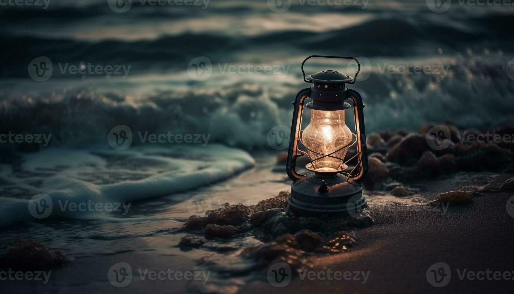 Glowing lantern illuminates old fashioned camping adventure outdoors generated by AI photo