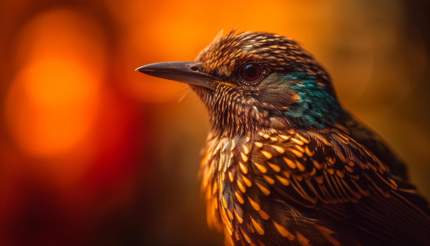 Multi colored starling perched on branch, close up generated by AI photo