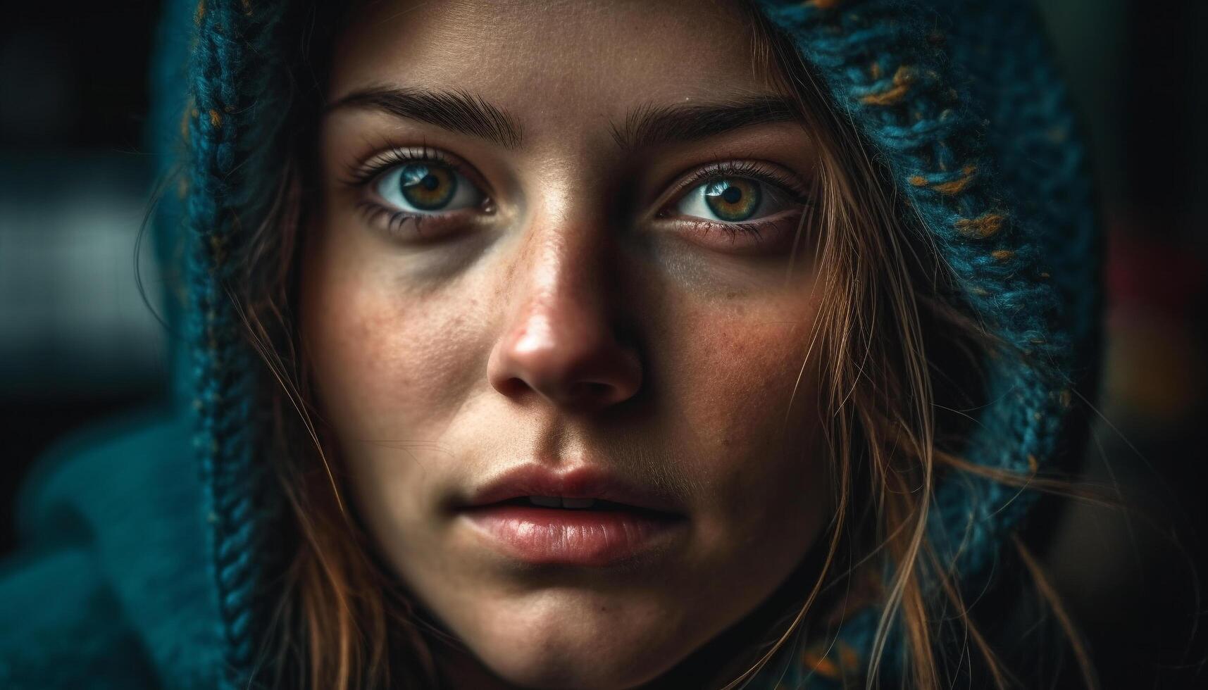 Young adult woman looking at camera outdoors generated by AI photo