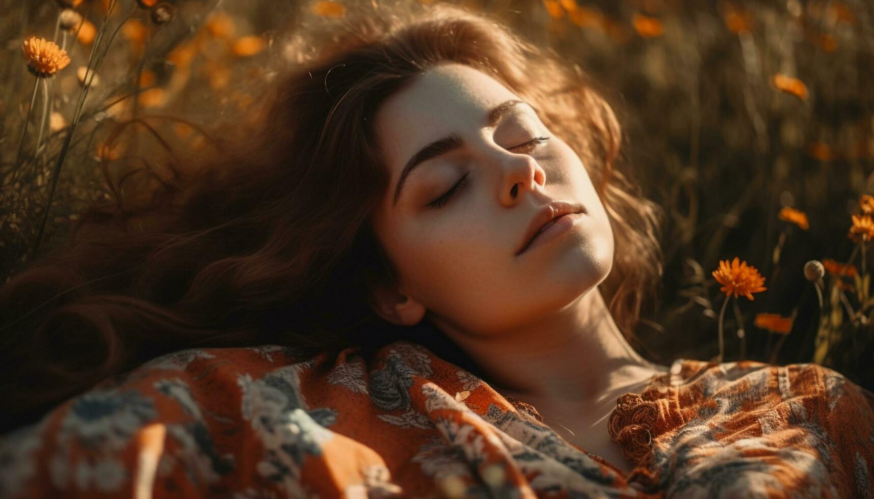 Young woman resting in serene meadow generated by AI photo
