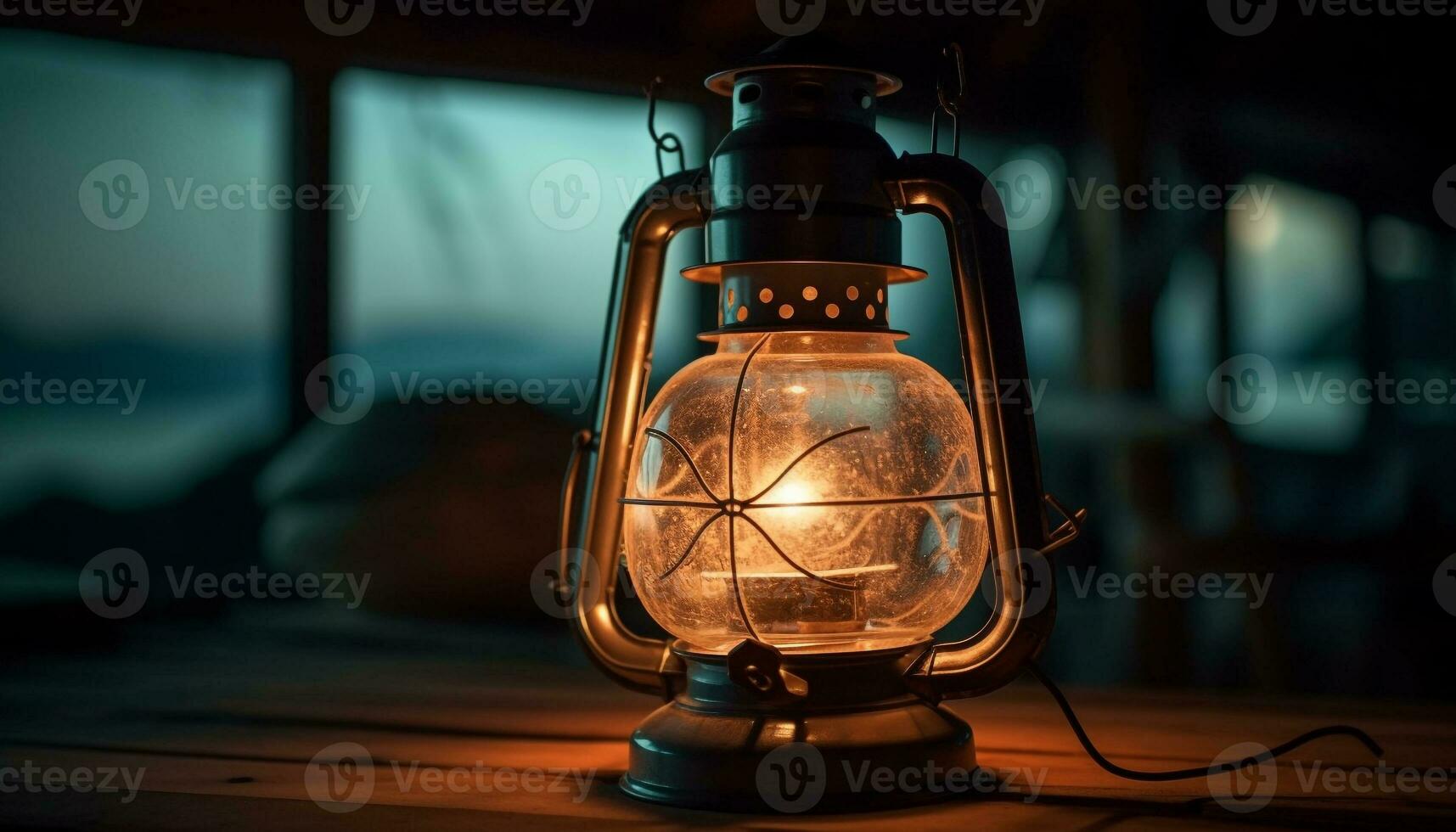 Antique lantern glowing with old fashioned kerosene flame generated by AI photo