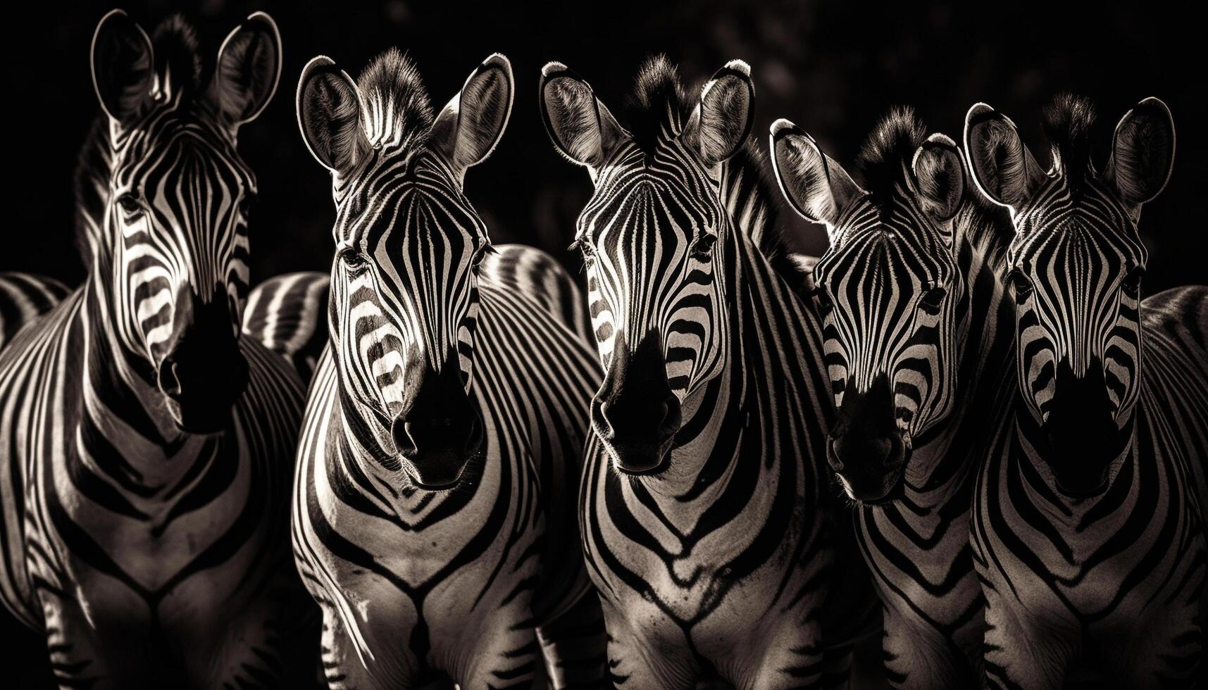 Striped herd in a row, black and white generated by AI photo