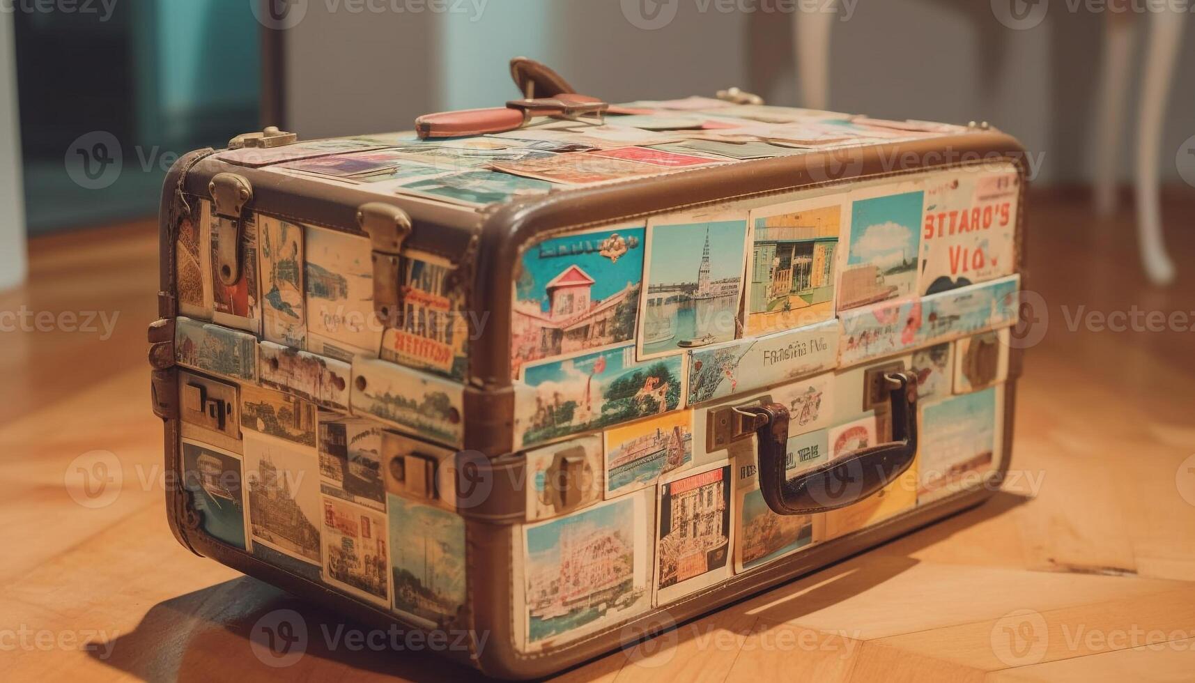 Antique suitcase on wooden table, travel memories collected generated by AI photo