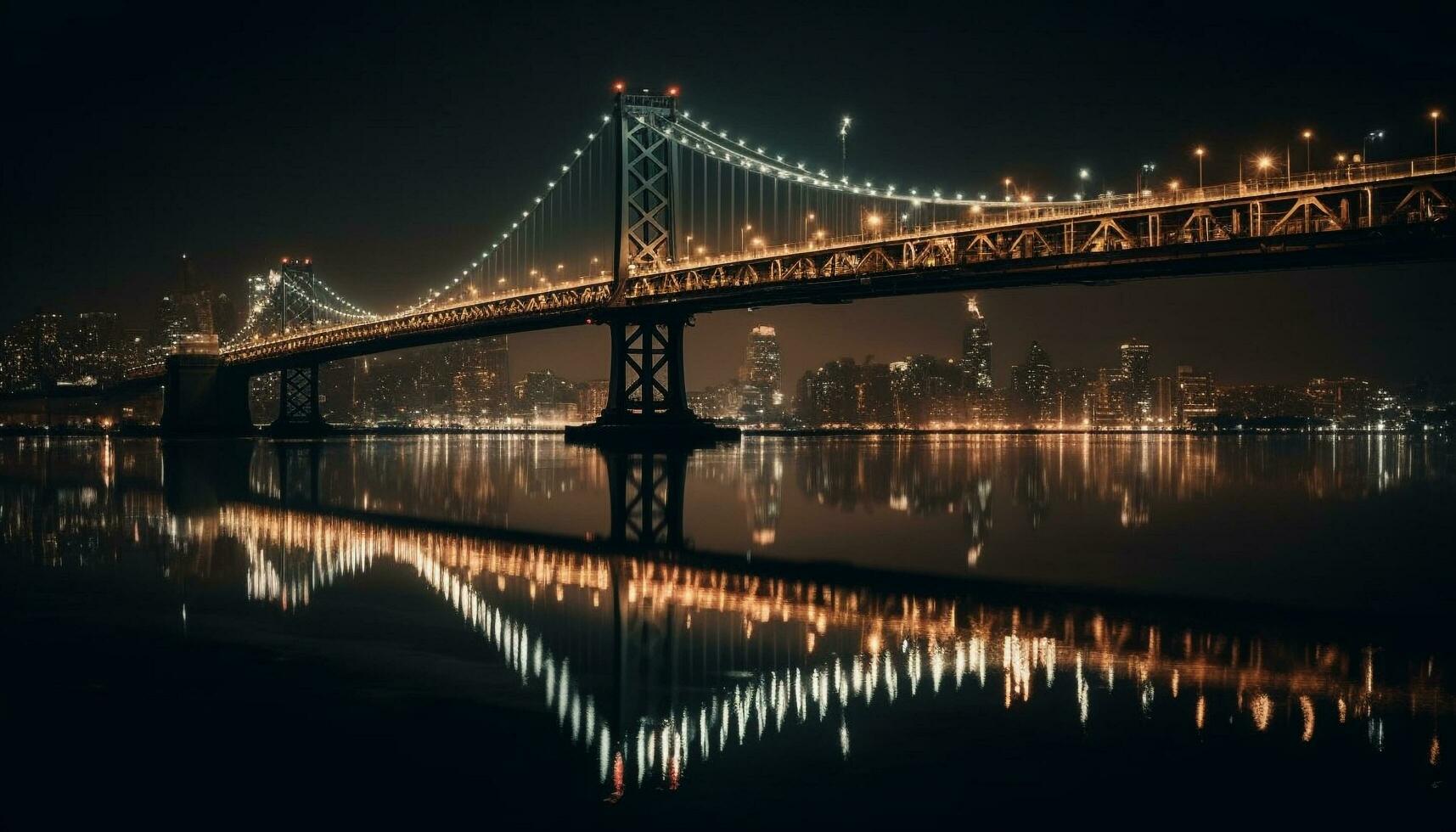 Illuminated cityscape reflects on water under suspension bridge generated by AI photo