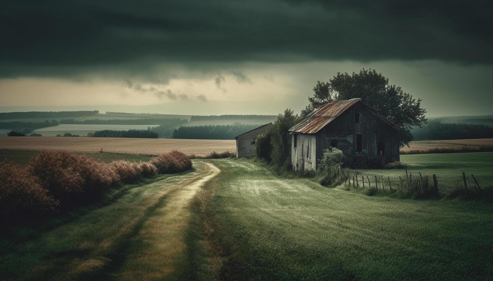 Abandoned farmhouse in spooky forest, autumn beauty generated by AI photo