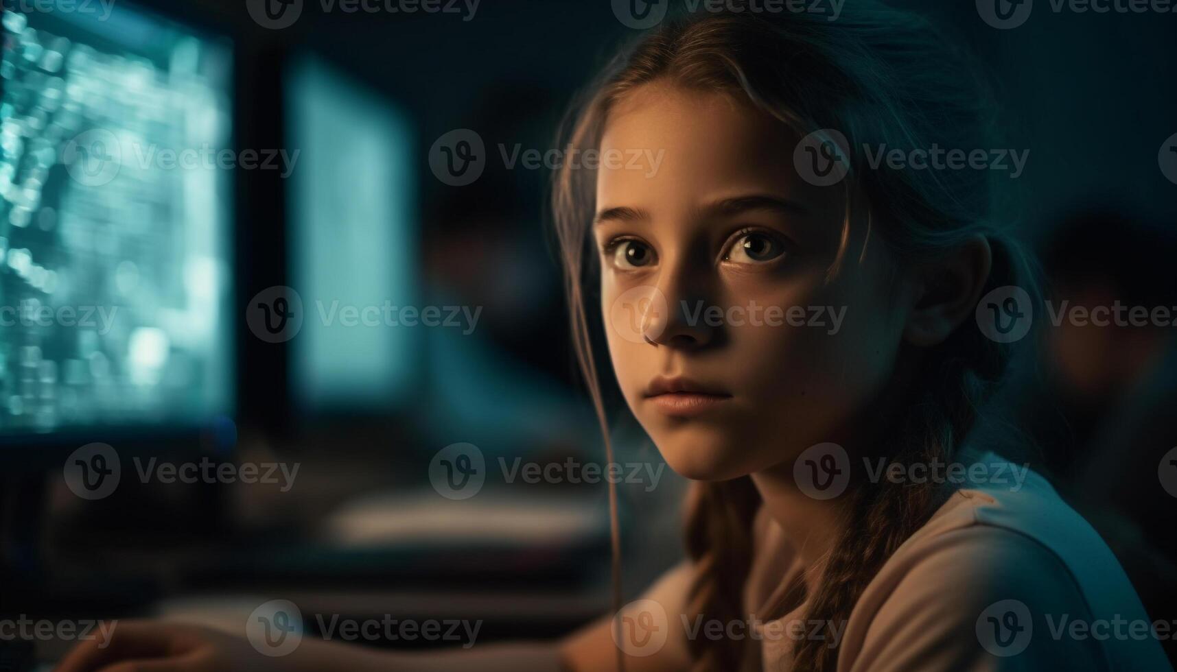 Cute girl studying with headphones, watching computer monitor generated by AI photo