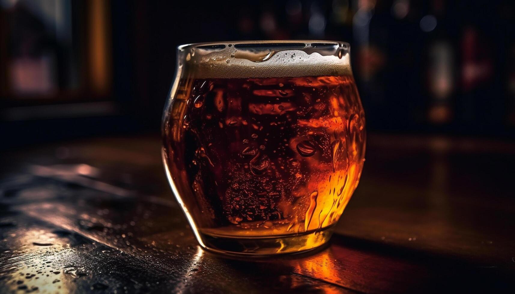 Frothy beer glass on wooden bar counter generated by AI photo