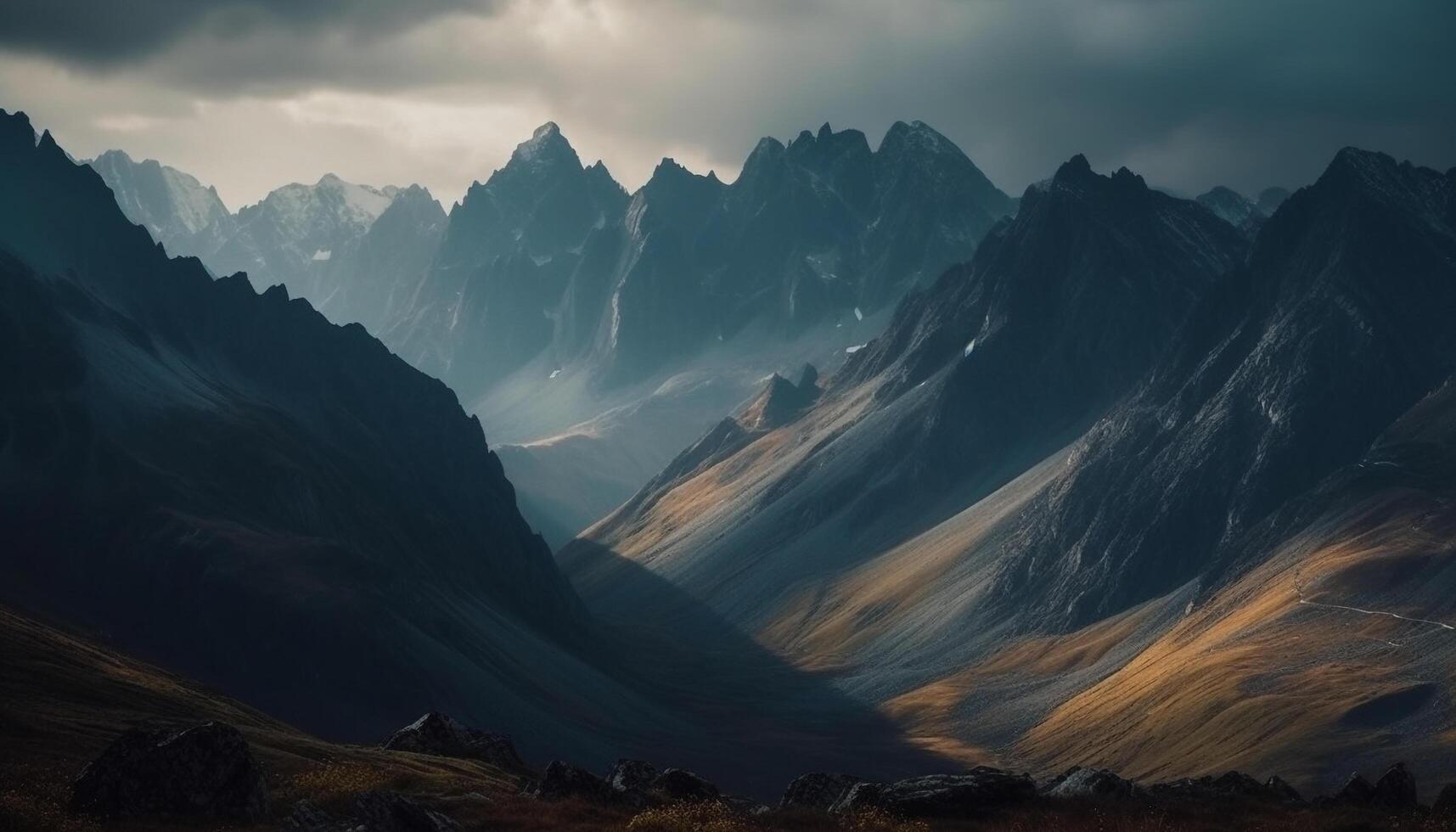 majestuoso montaña rango, tranquilo escena, otoño viaje generado por ai foto