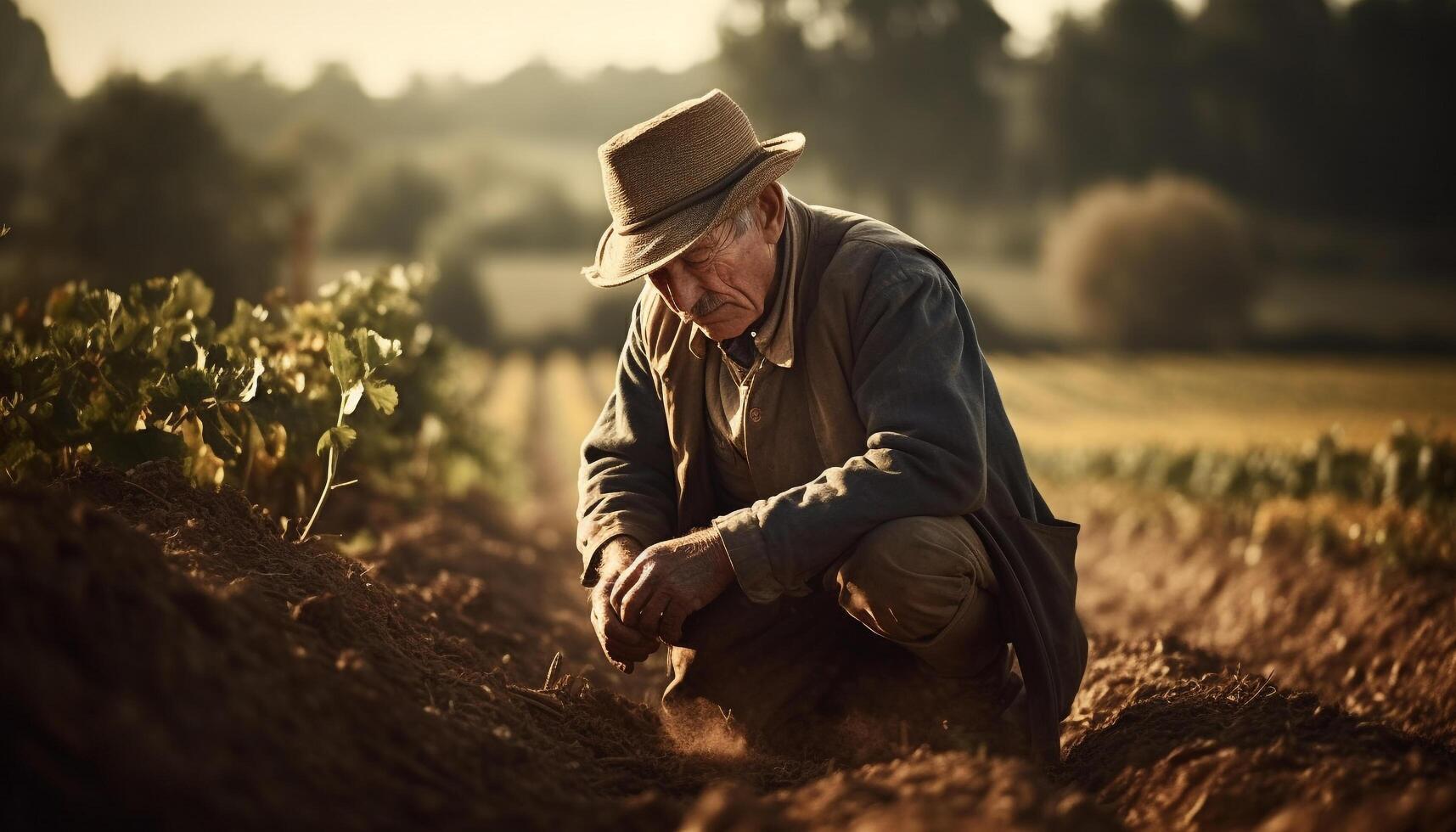 Senior man smiling, examining plant growth outdoors generated by AI photo