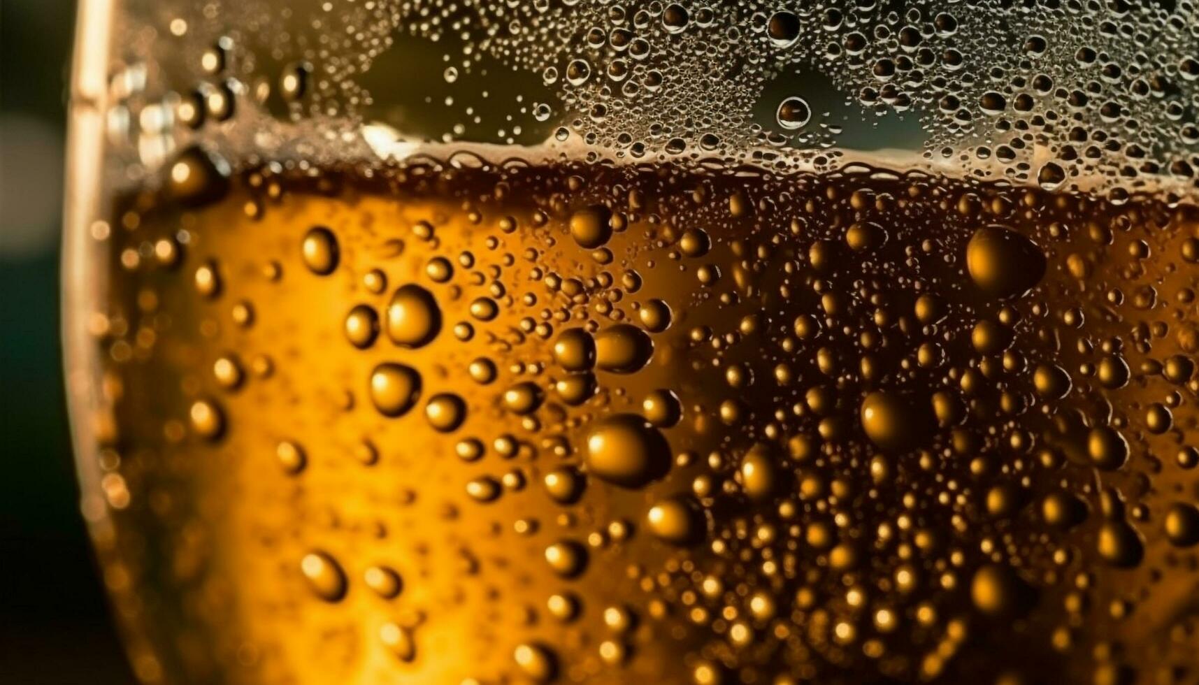 Golden bubbles reflect rain on beer glass generated by AI photo