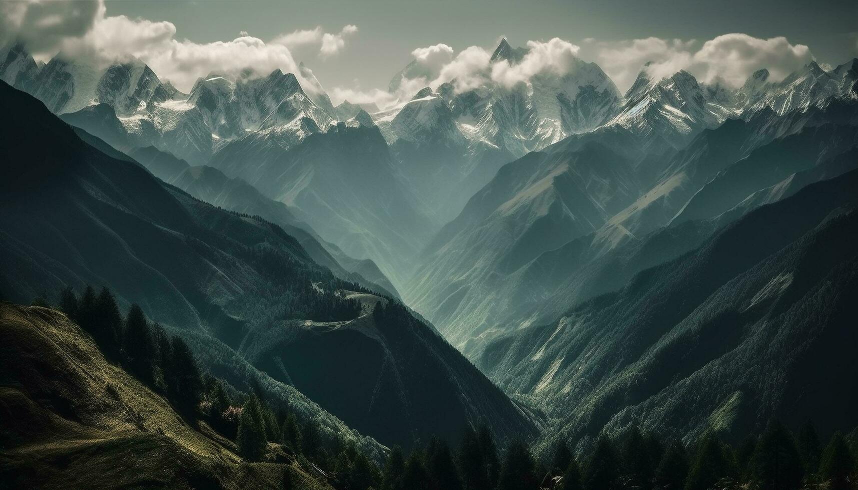 majestuoso montaña pico sube alto encima tranquilo prado generado por ai foto