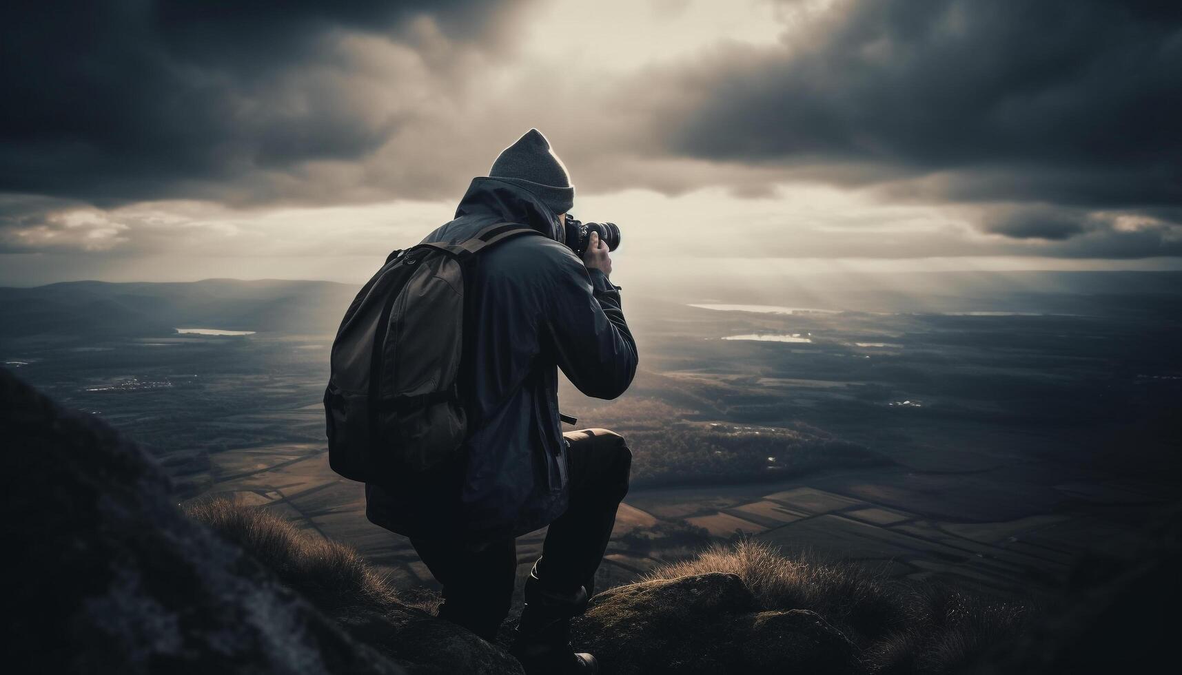 One person standing, photographing mountain peak silhouette generated by AI photo