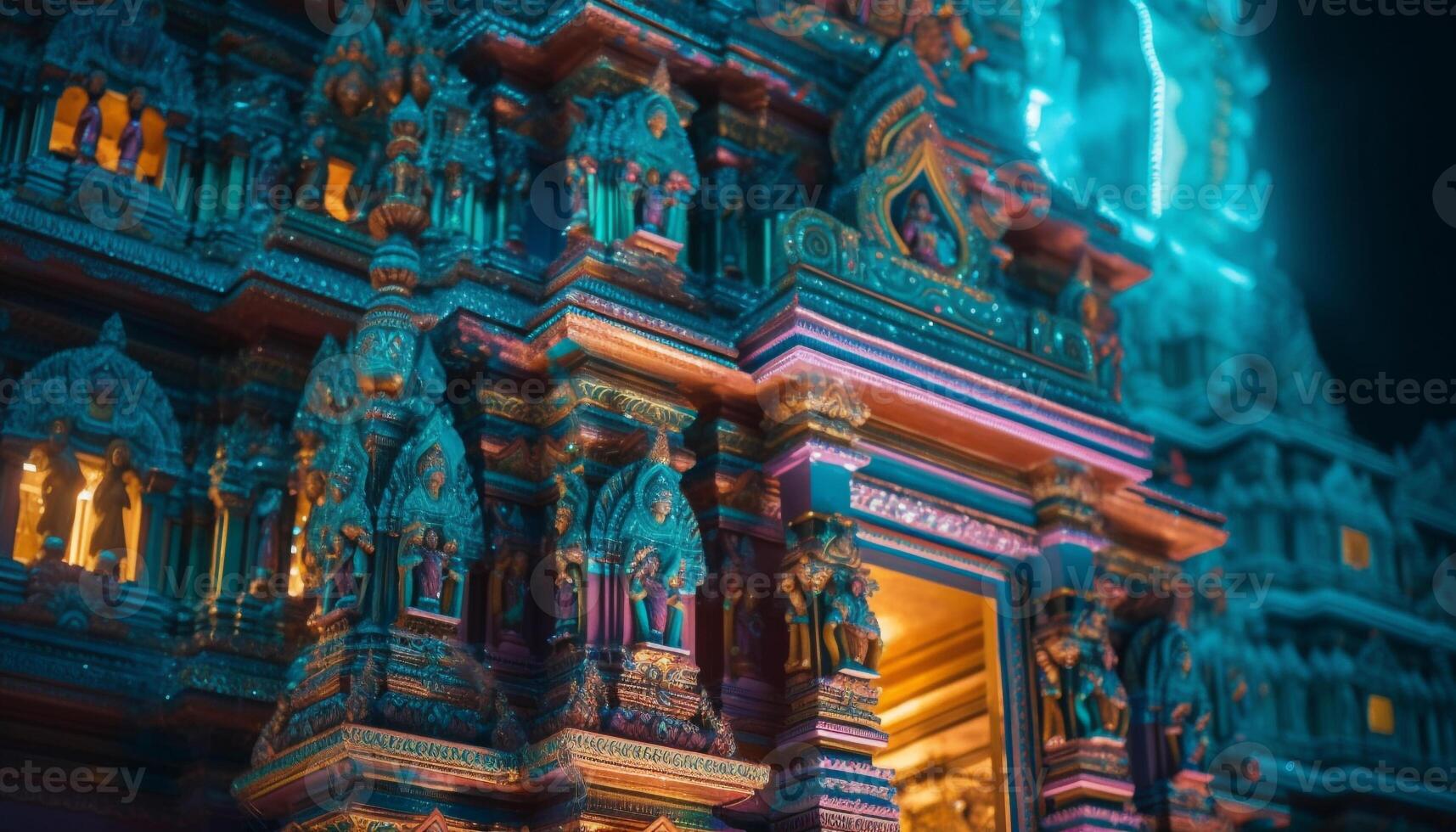 Illuminated architecture of famous Hindu temple at night generated by AI photo