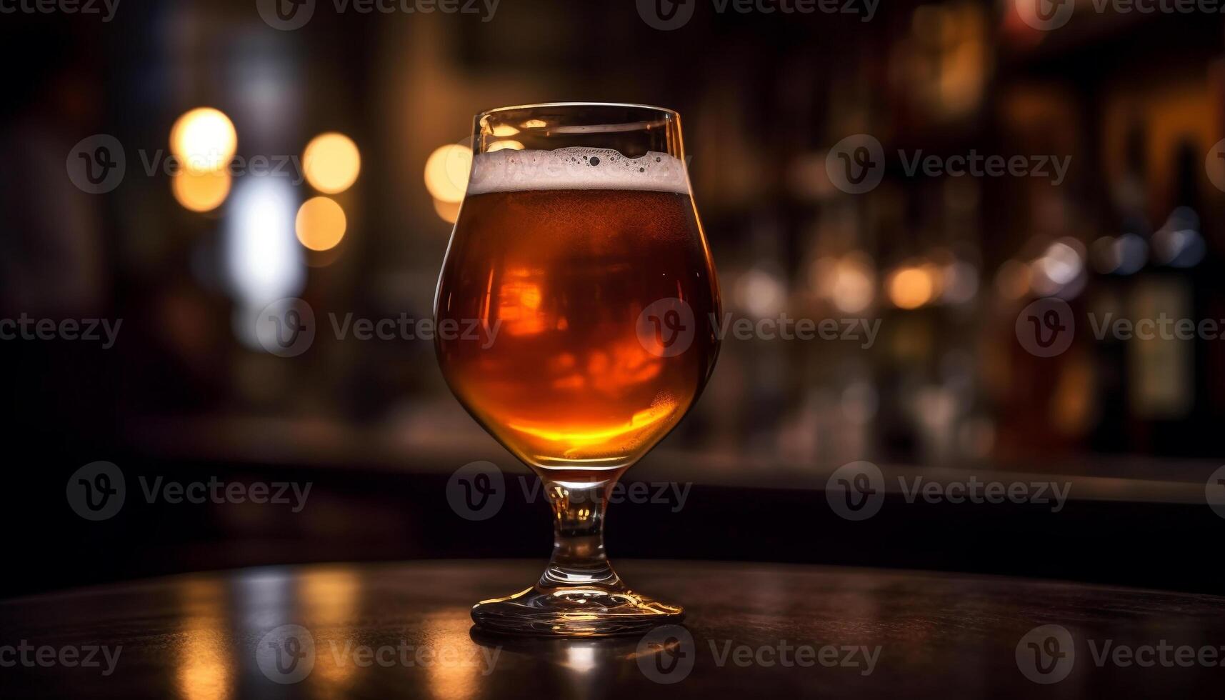 Frothy beer in yellow pint glass, bar counter generated by AI photo