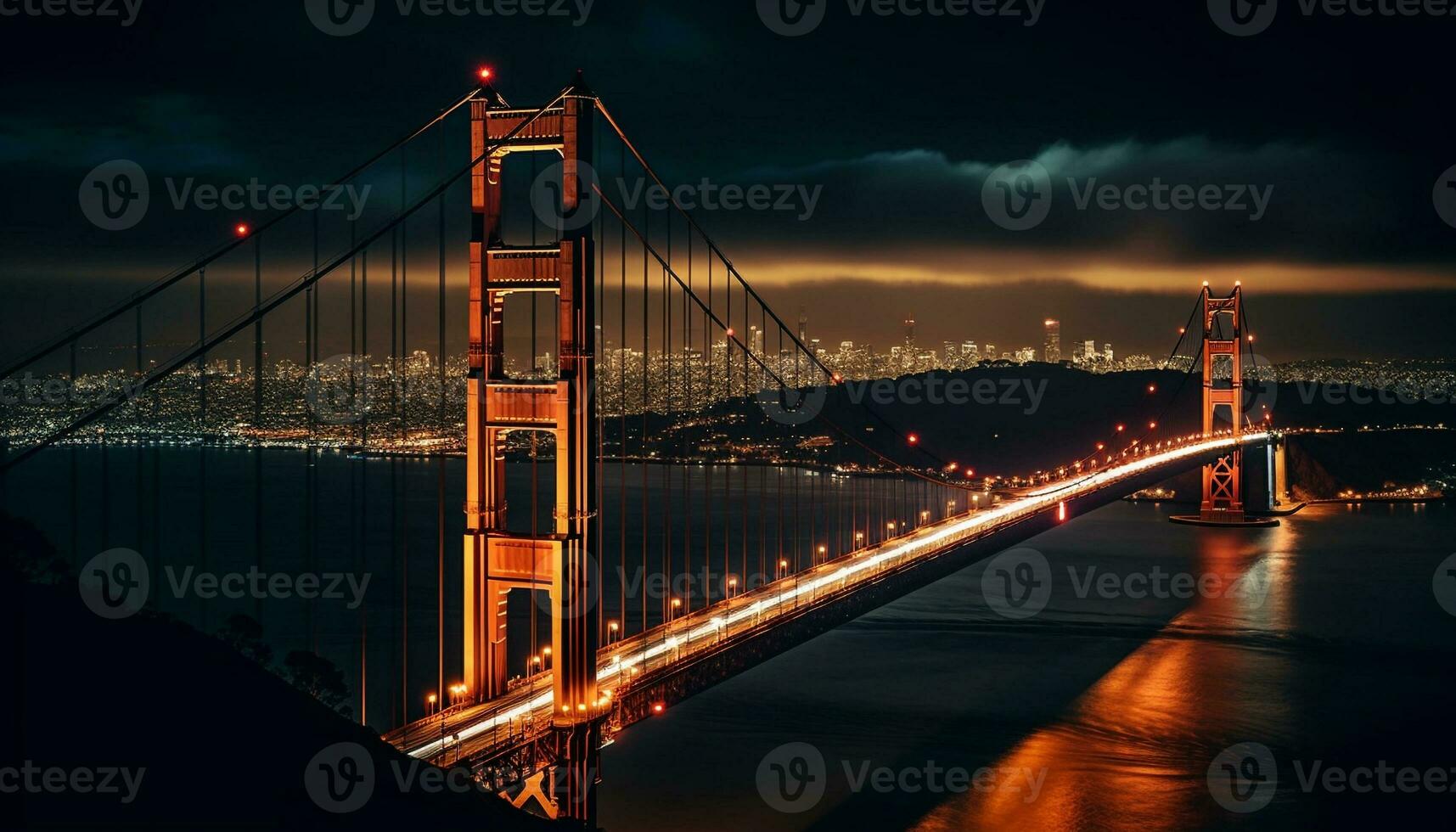Suspension bridge illuminated at dusk over water generated by AI photo
