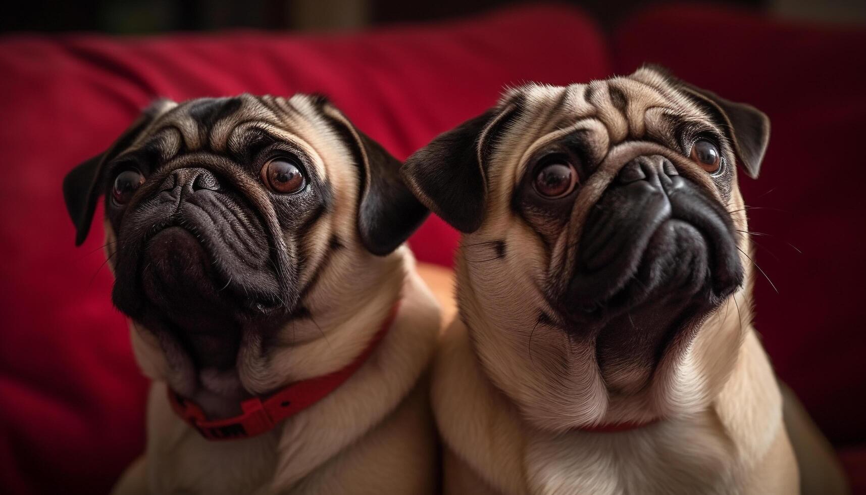 Cute purebred French bulldog and pug sitting together outdoors, playful friendship photo
