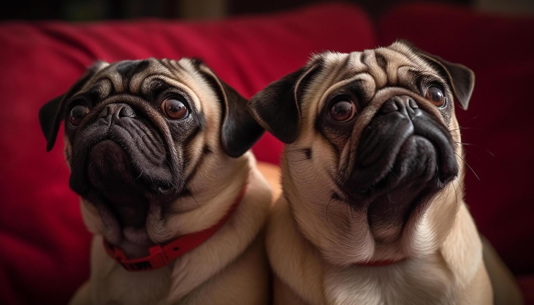 Cute purebred French bulldog and pug sitting together outdoors, playful friendship generative AI photo