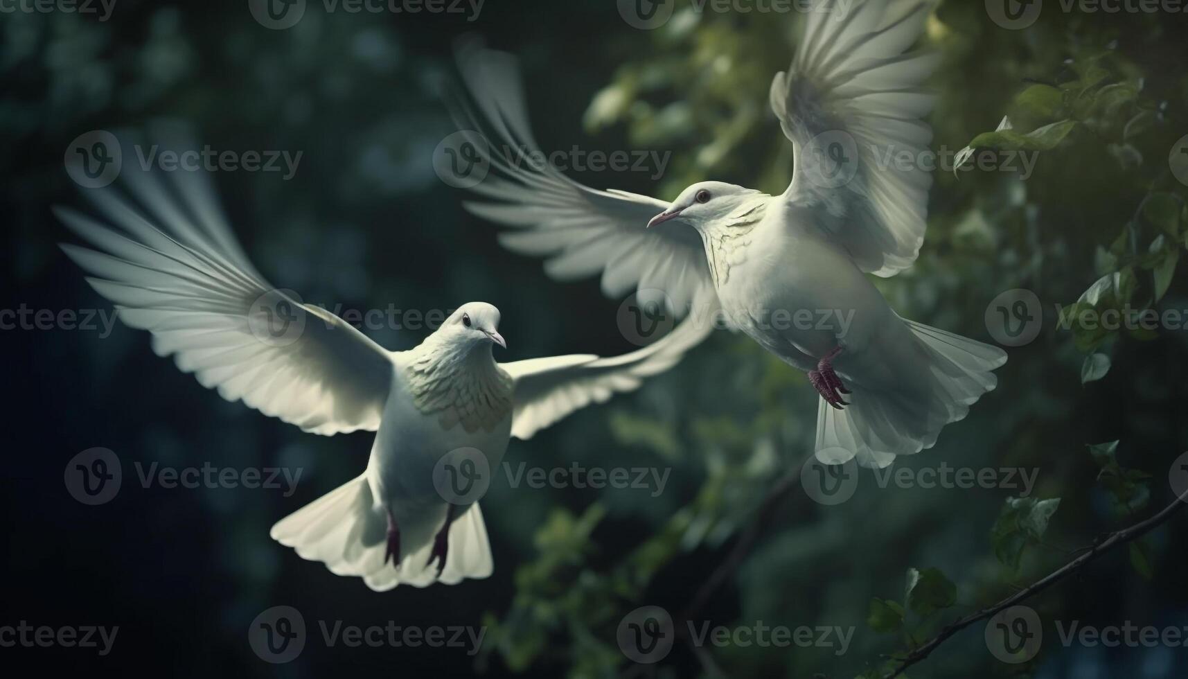 Two doves spread wings in mid air, symbols of peace photo