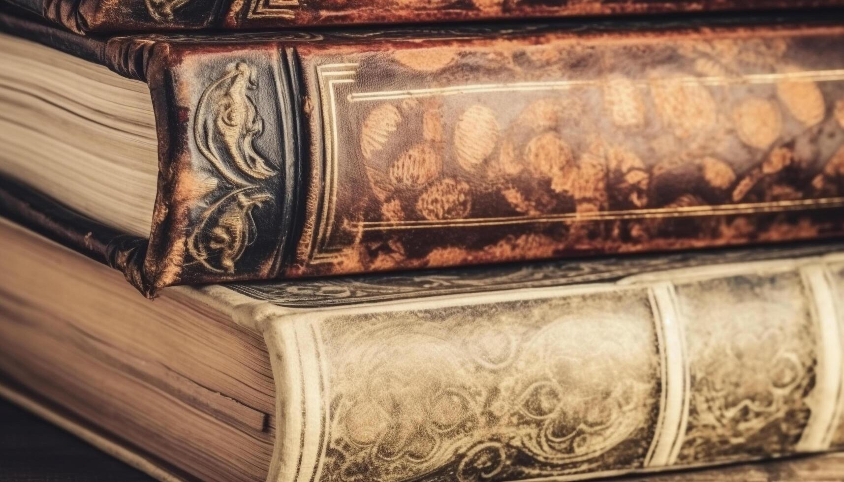 Antique leather book cover on old bookshelf, full of wisdom generated by AI photo