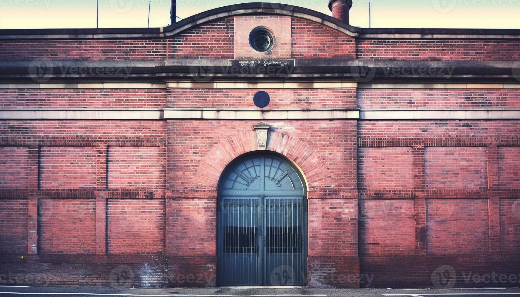 antiguo ladrillo edificio con cristiano puerta en moderno paisaje urbano antecedentes generado por ai foto