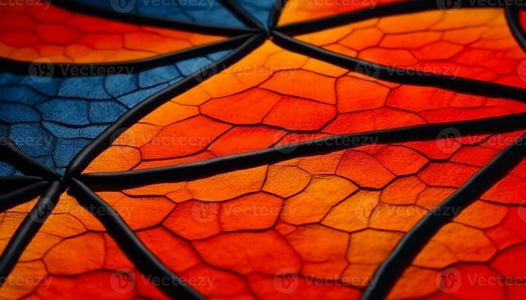 Vibrant autumn leaf pattern illuminates stained glass window backdrop generated by AI photo