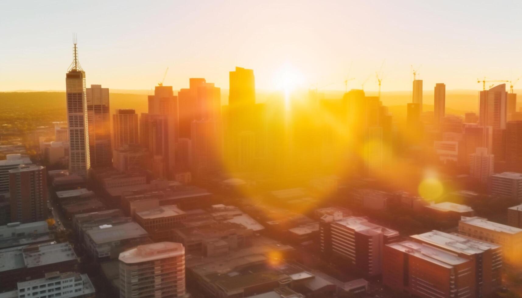 Modern city skyline illuminated by multi colored sunset, bustling with traffic generated by AI photo
