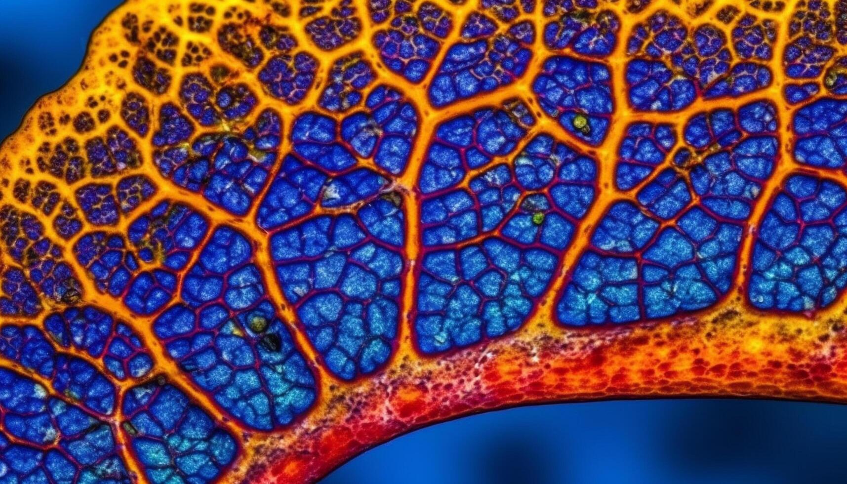 Vibrant autumn leaf pattern, magnified in high scale microcosm generated by AI photo