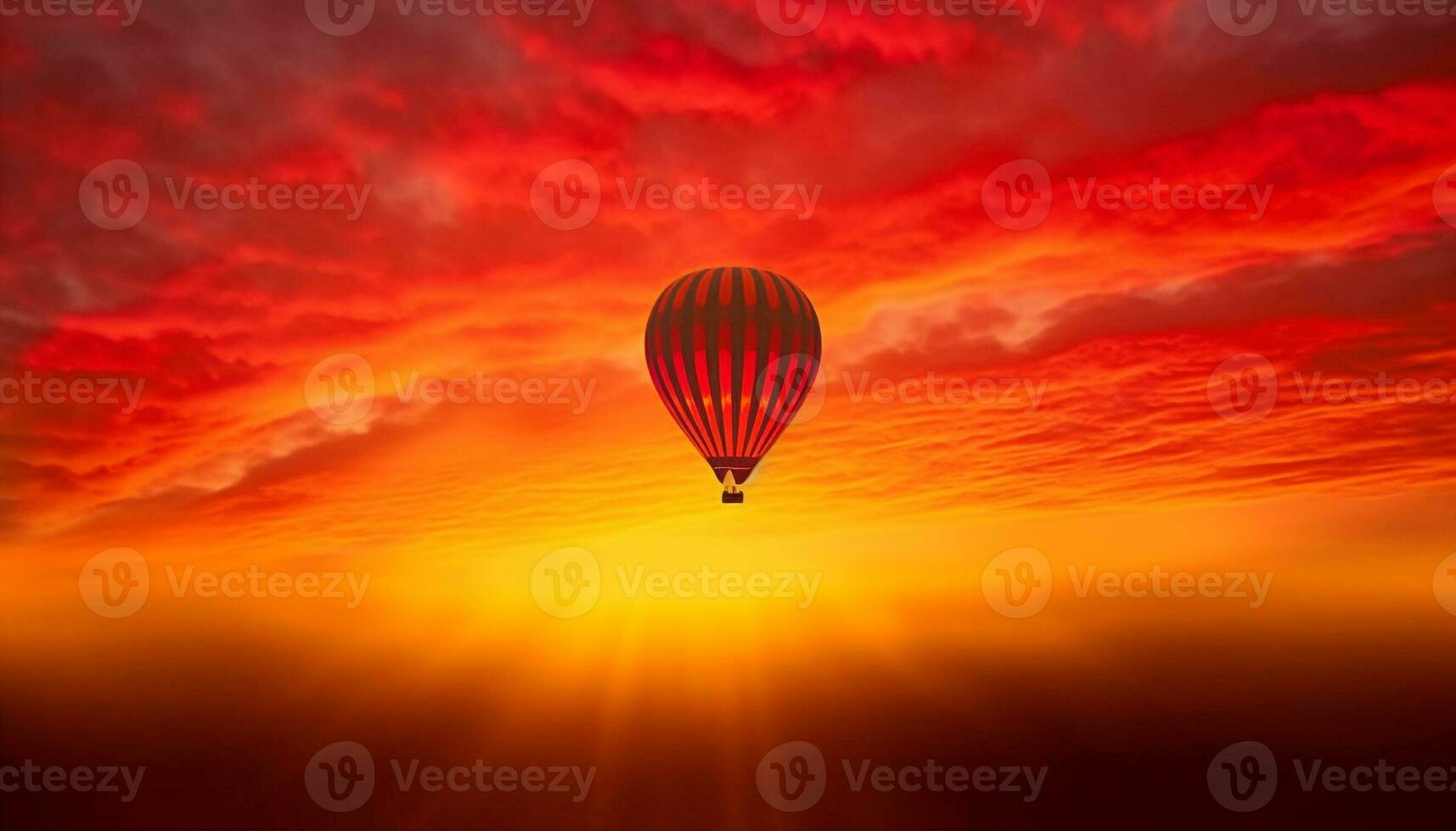 Hot air balloon soars over striped mountain landscape at sunset generated by AI photo