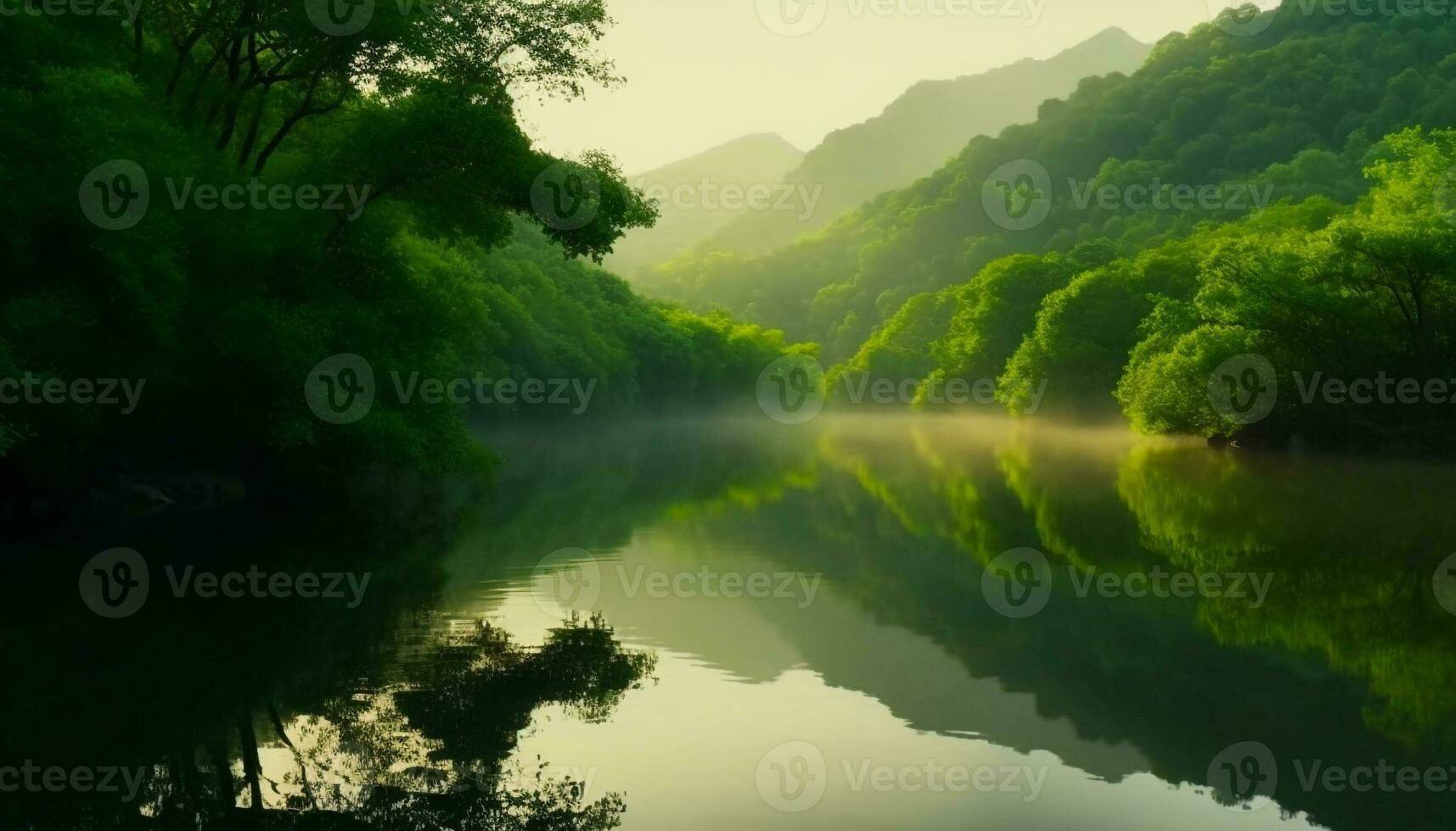 Tranquil scene of mountain reflection in pond, surrounded by forest generated by AI photo