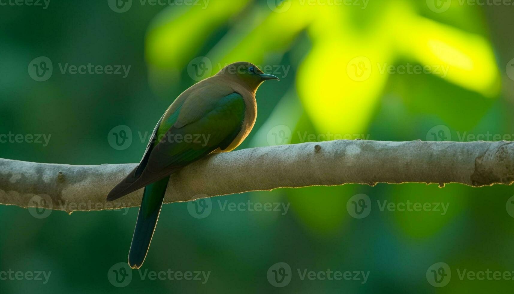 Vibrant bird perching on green branch in African rainforest generated by AI photo