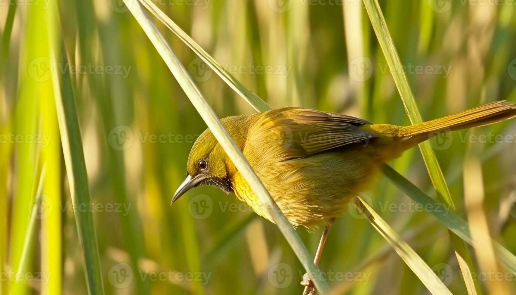 Masked weaver bird perching on branch in tranquil Africa generated by AI photo