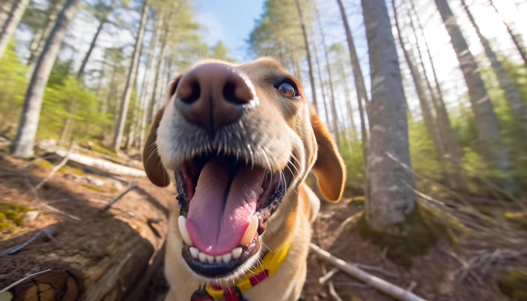 linda perdiguero perrito sentado en césped, mirando a cámara alegremente generado por ai foto