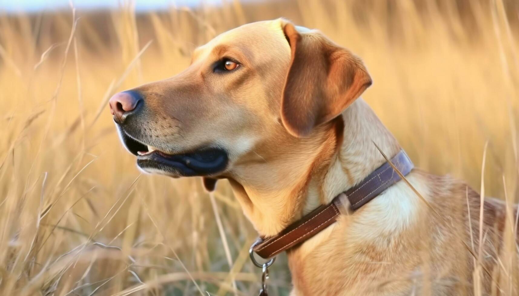 dorado perdiguero perrito sentado en césped, mirando a cámara alegremente generado por ai foto