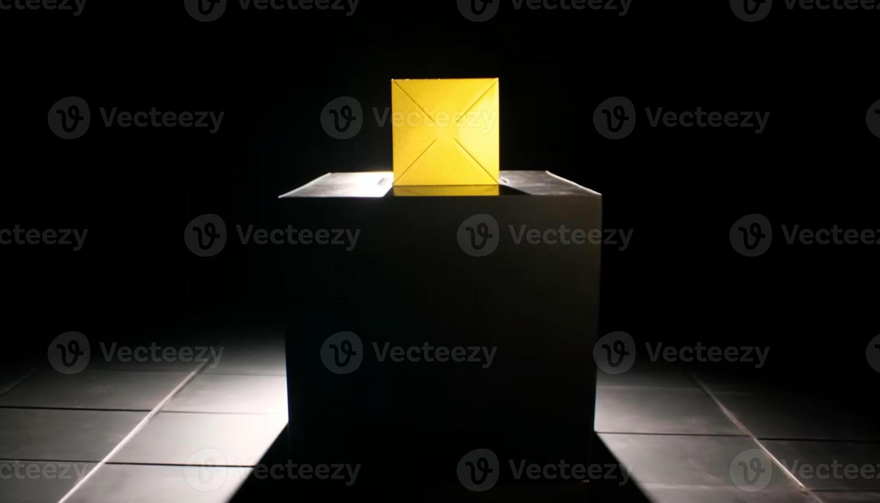 Illuminated pedestal shines spotlight on abstract metal symbol for success generated by AI photo