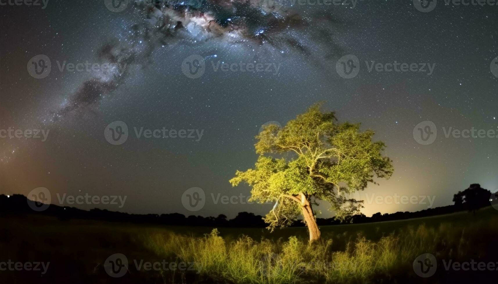 majestuoso estrella campo ilumina el lechoso camino en panorámico ver generado por ai foto