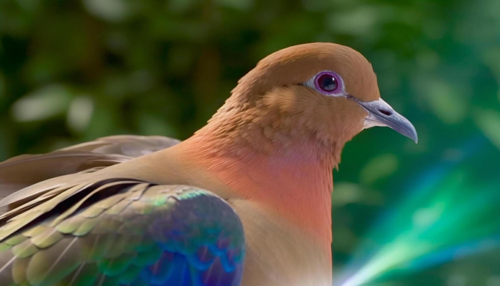 Multi colored bird perched on branch, eyeing tranquil water below generated by AI photo