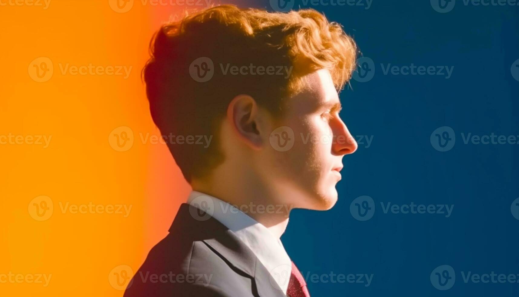 Confident businessman in blue suit, looking away with elegance generated by AI photo