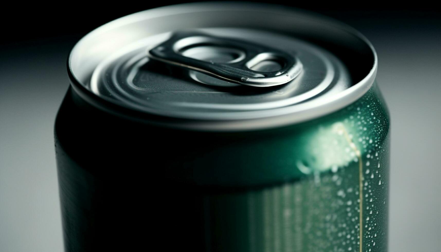 Shiny metal canister holds refreshing cola drink with dew drops generated by AI photo