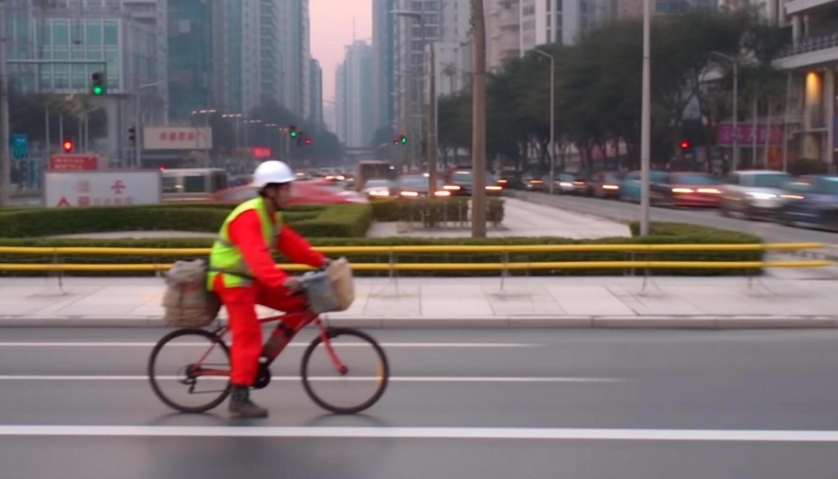 Busy city streets blur as cyclist rushes through rush hour generated by AI photo