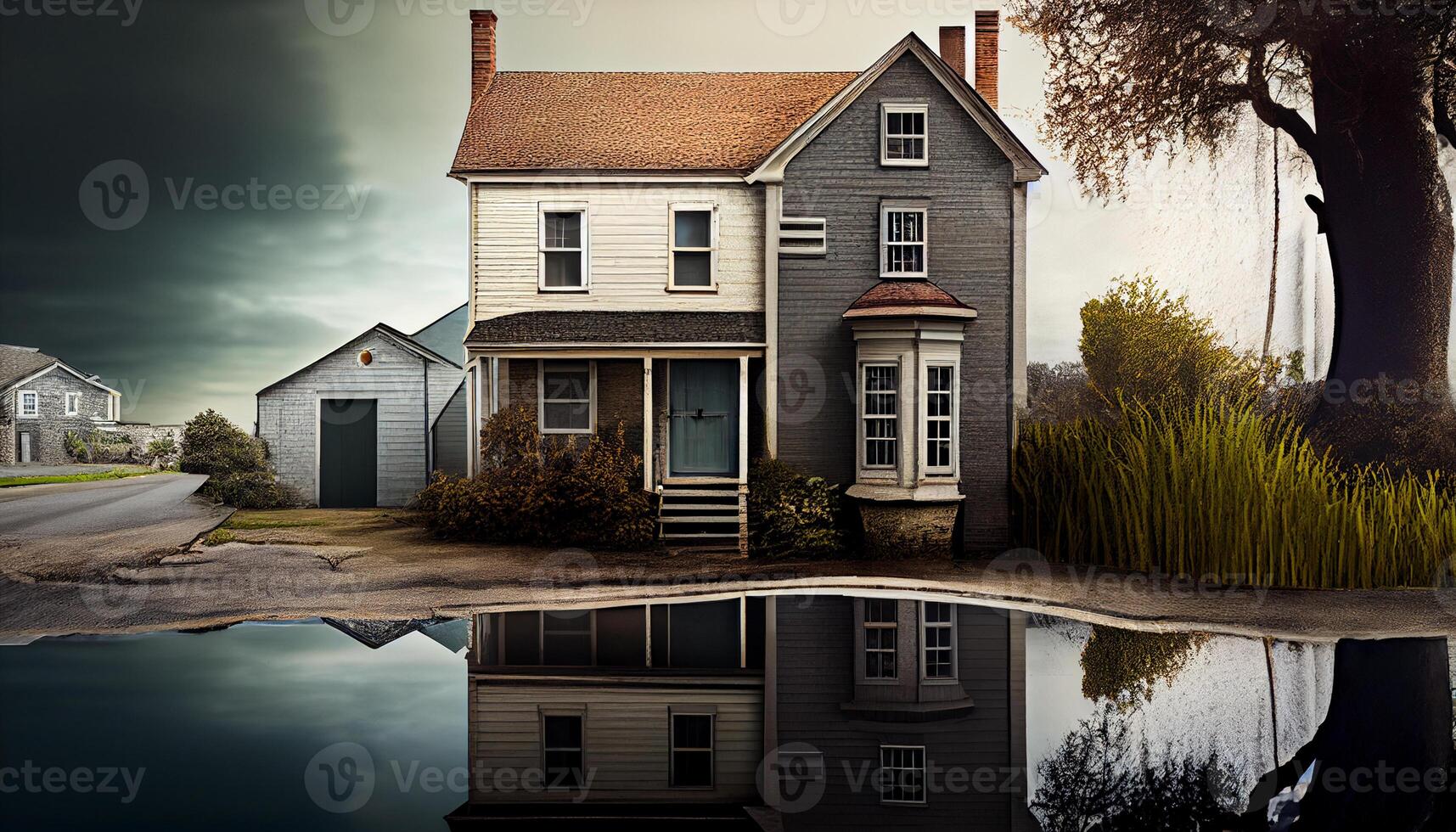 Architecture house outdoor with water scene ,generative AI photo