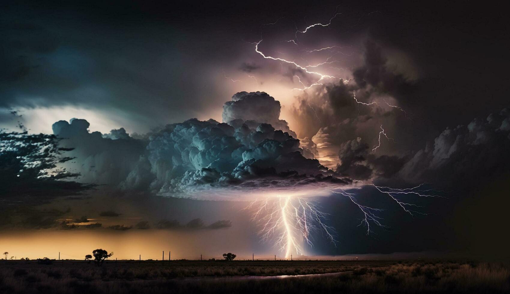 Dramatic sky, thunderstorm, lightning strike at night ,generative AI photo