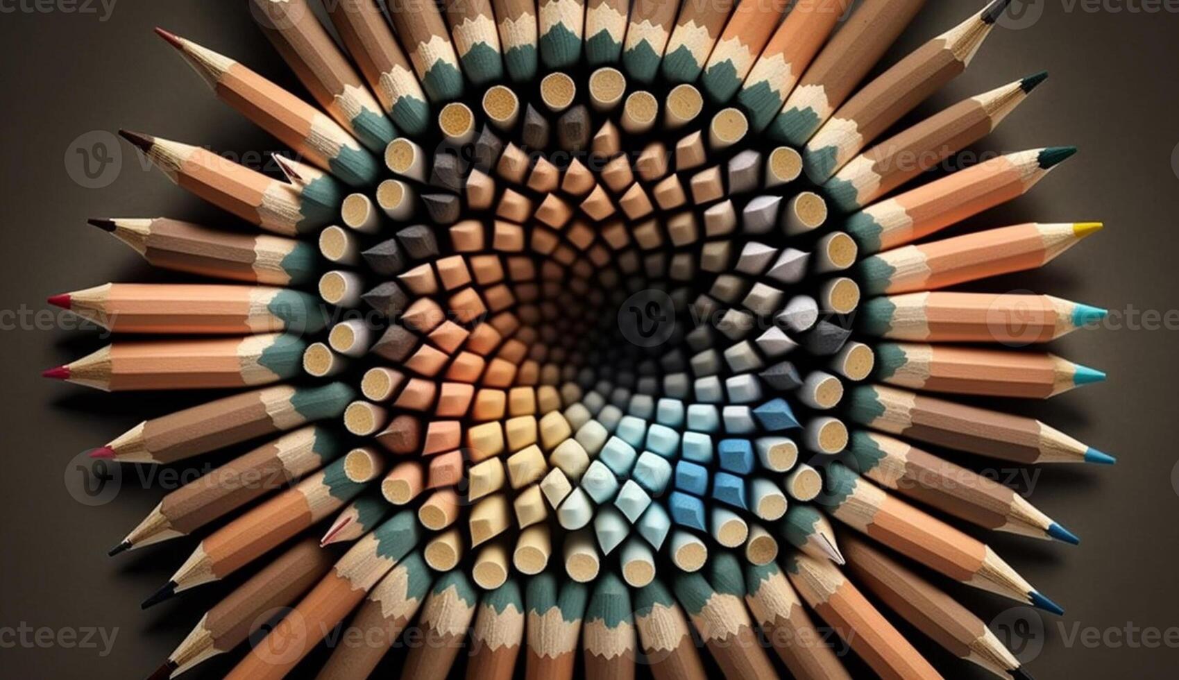 Multi colored pencils on wood background Creative education material