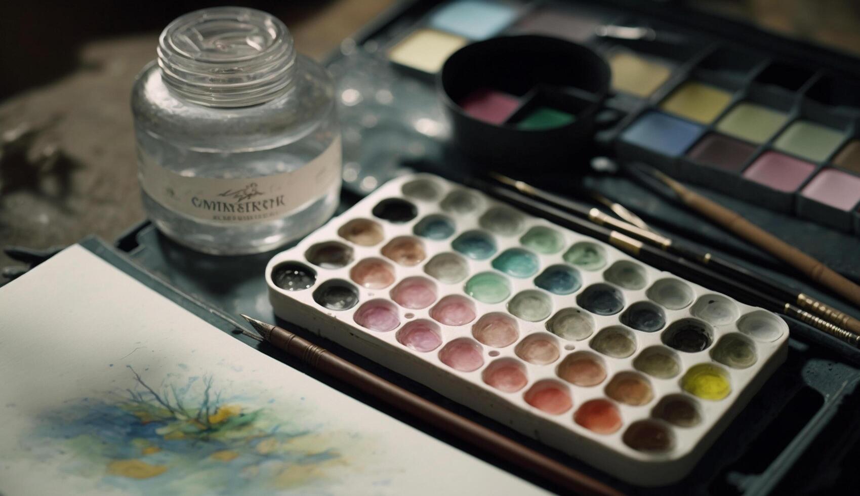 Close up of artist's makeup palette with multi colored eyeshadows , photo