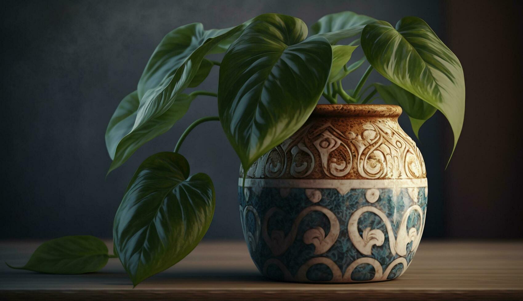 un rústico cerámica jarra con florido hoja modelo generado por ai foto