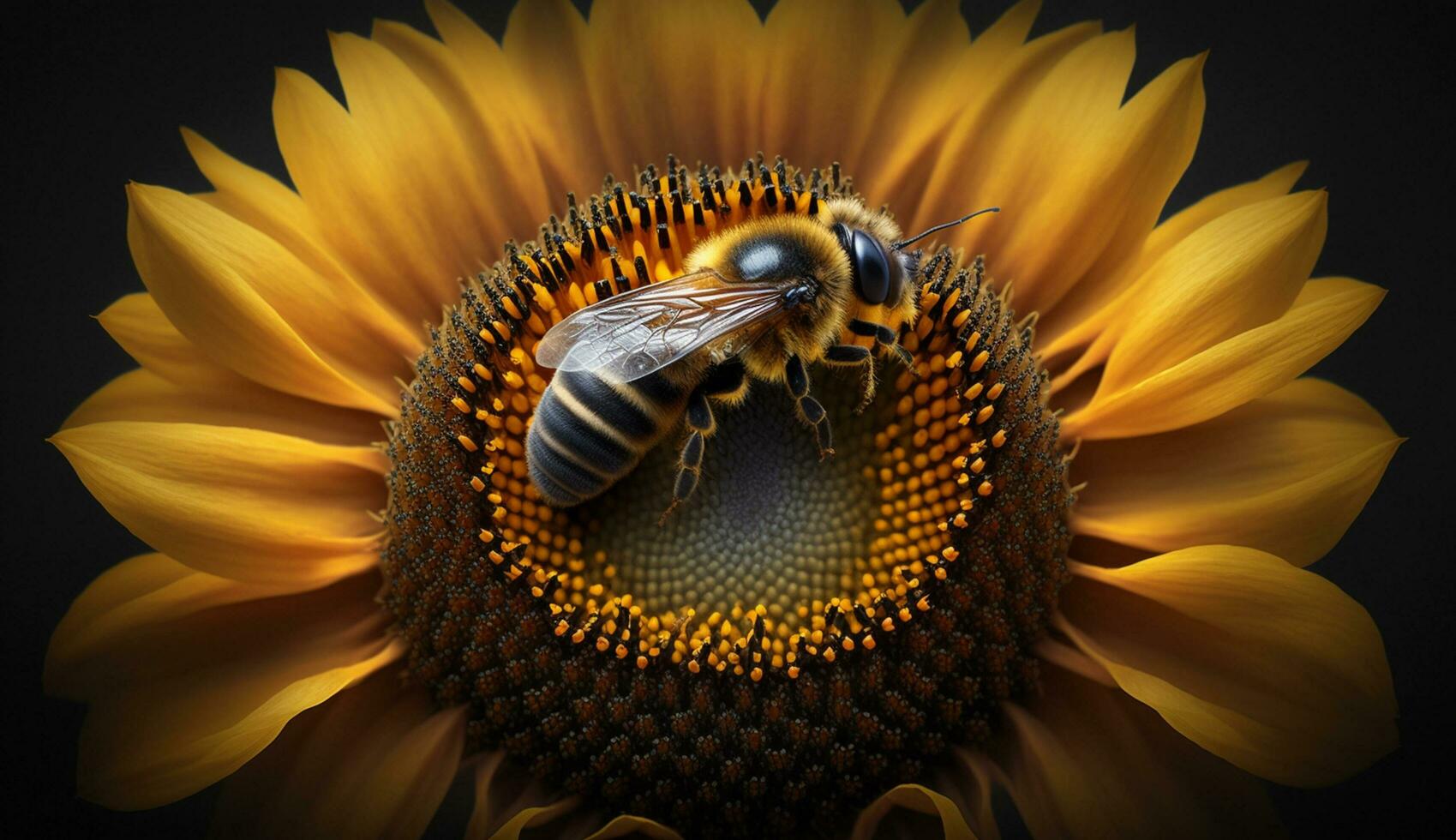 cerca arriba de un amarillo miel abeja en girasol generado por ai foto