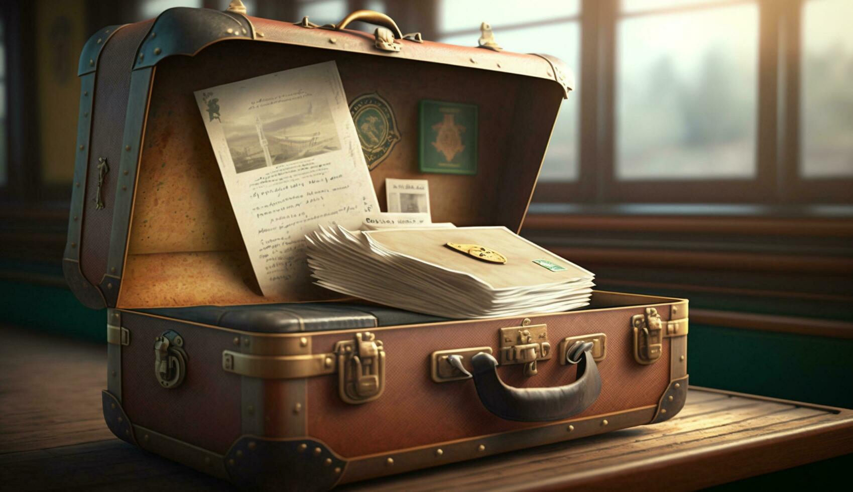 Suitcases stack high old fashioned travel nostalgia indoors generated by AI photo