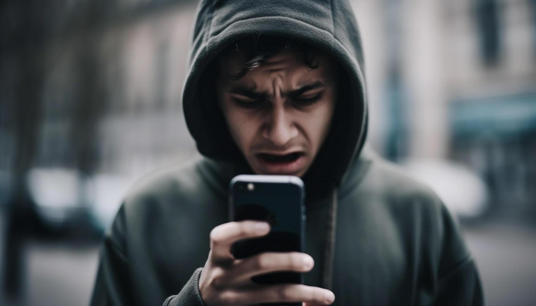 Young man in hood uses phone at night generated by AI photo