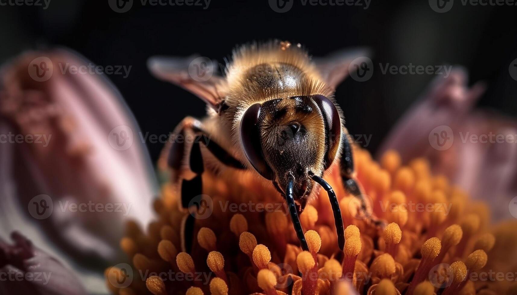 Busy honey bee gathering pollen from flower generated by AI photo