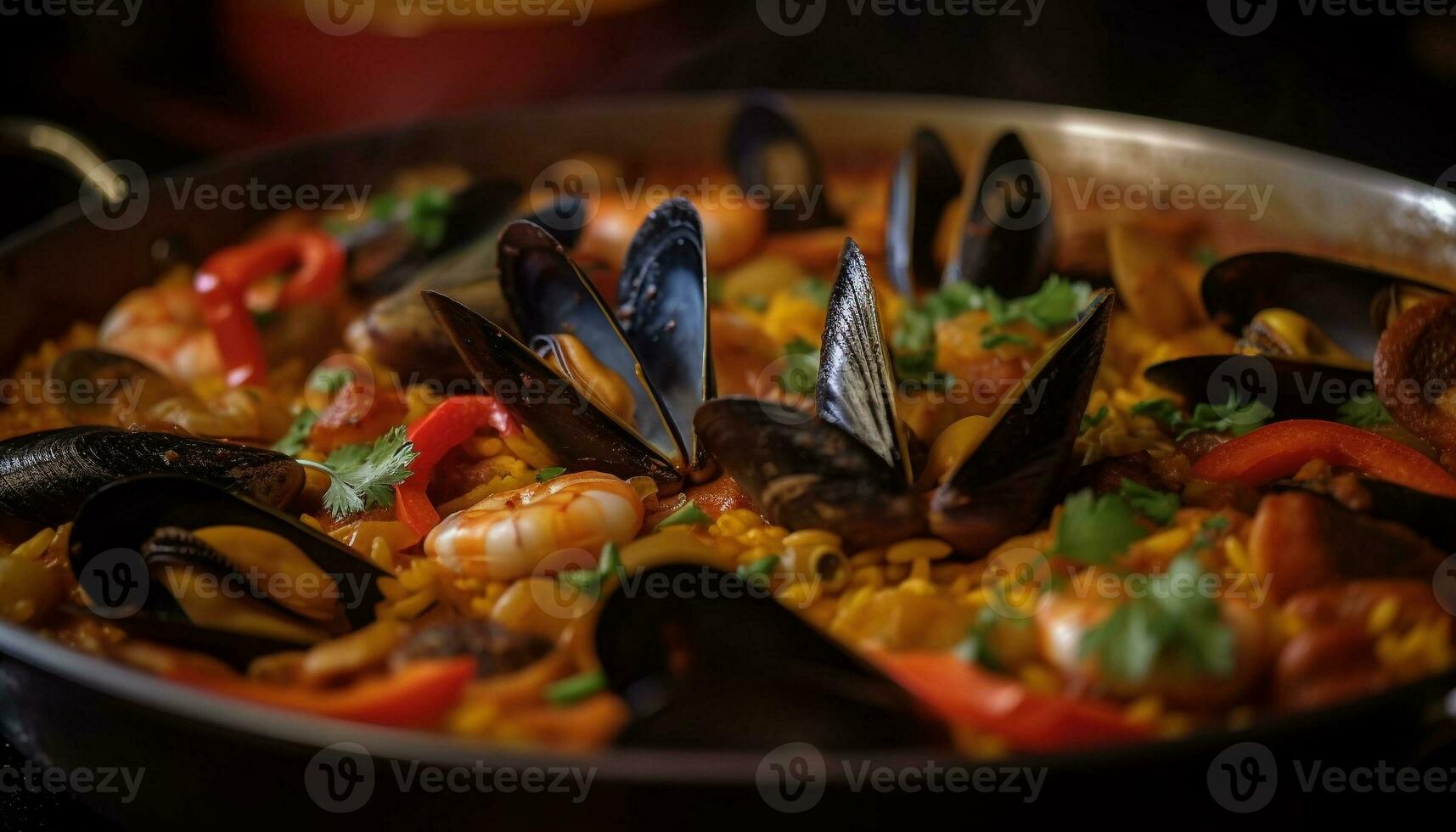 gastrónomo paella con Mariscos y azafrán especia generado por ai foto