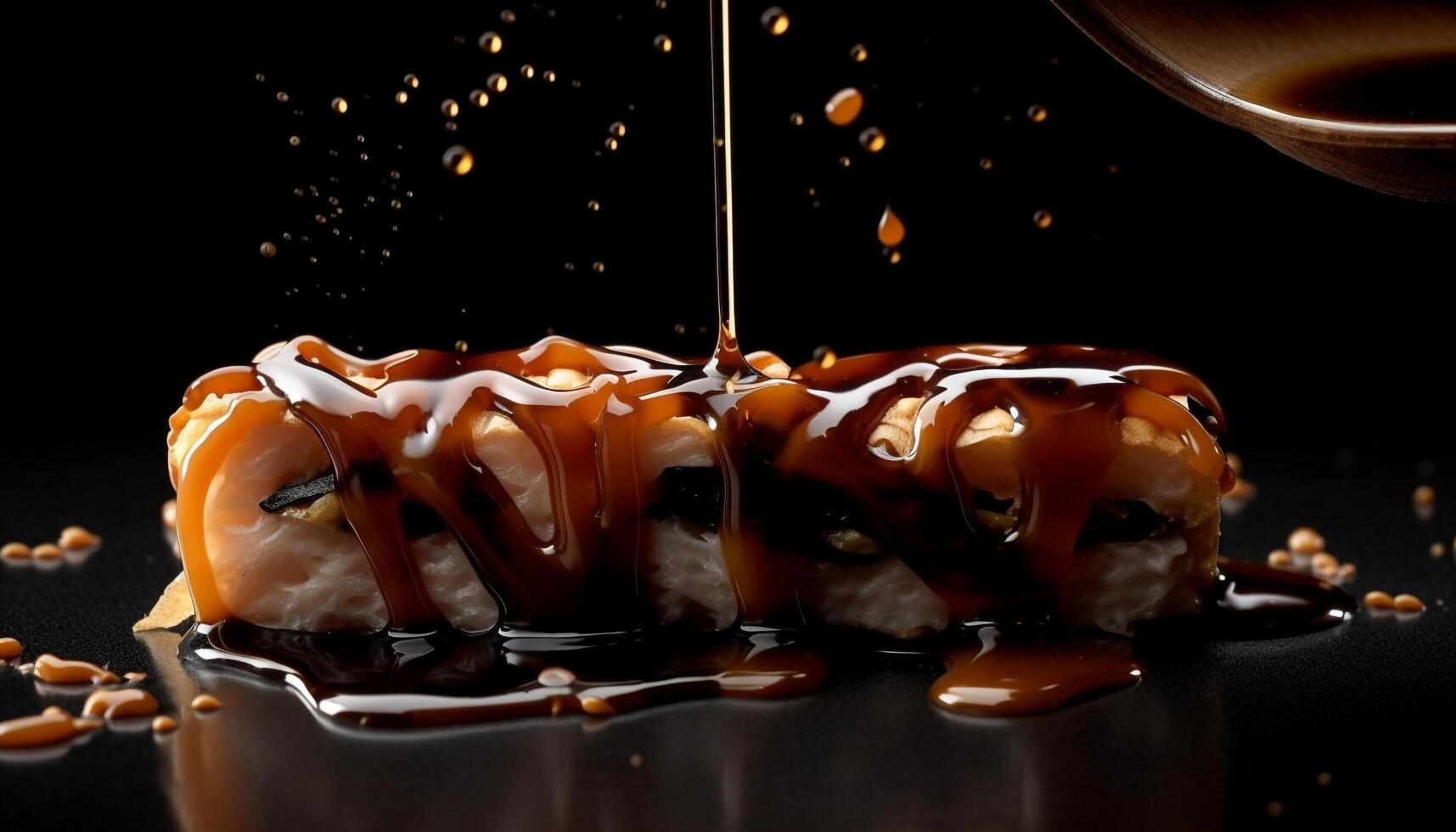 Indulgent close up of dessert chocolate fudge pouring generated by AI photo